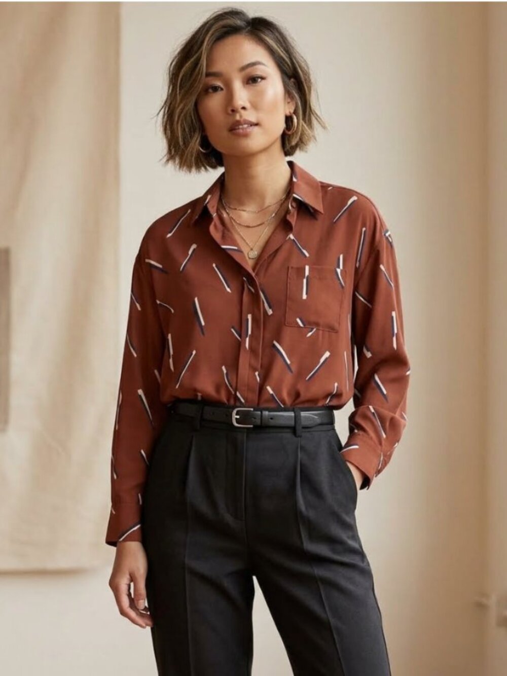 Brick Red Patterned Button Down Shirt